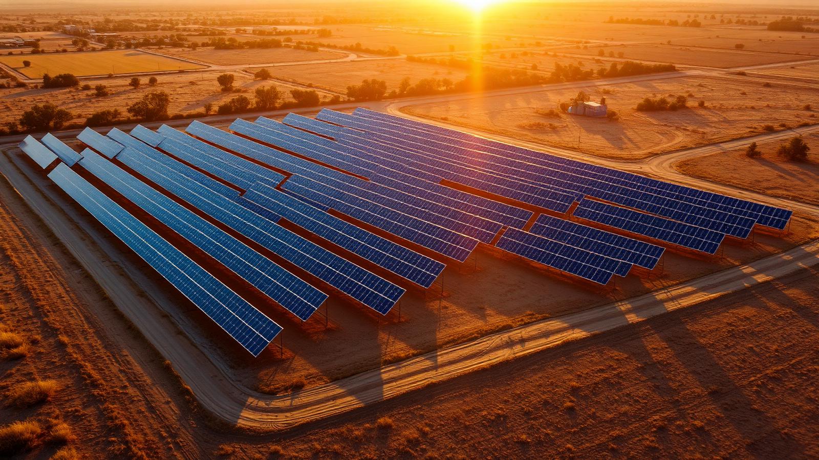 Solar farm at sunset